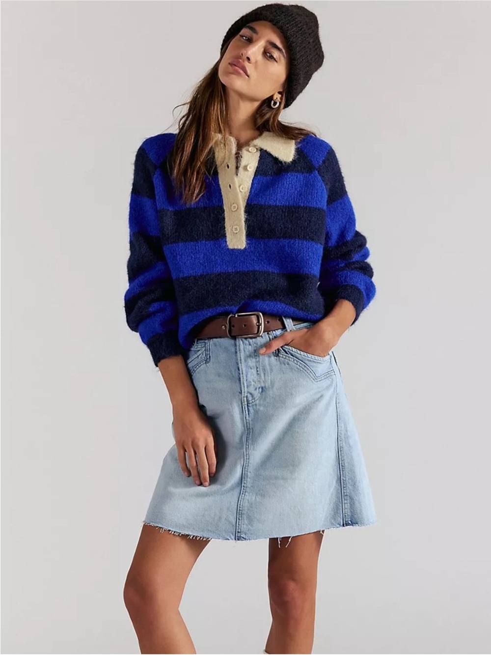 We The Free Light Blue Denim A-Line Skirt with Casual Belt